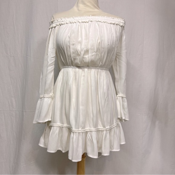Blush Dresses & Skirts - White Mini Frill Off the Shoulder Dress By Blush